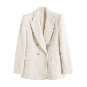 Vrouwen mode tweed dubbele borsten blazer jas vintage lange mouw klep zakken vrouwelijke bovenkleding chic veste femme