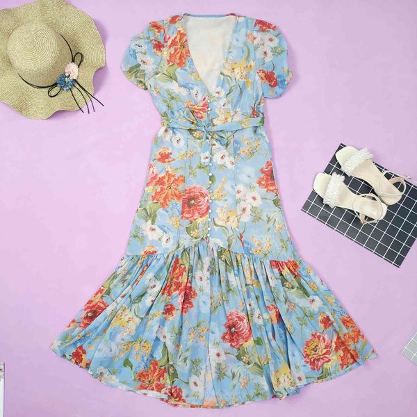 Femmes Mode V Cou Noeud Papillon Ceintures Robes Casual Femme Vestidos za Vintage Élégant FloralPrint Plissée En Mousseline De Soie Midi boho Robe 210510