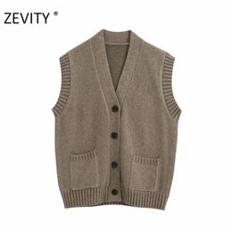 donne moda scollo a V petto lavorato a maglia maglione casual femminile tasche per il tempo libero gilet senza maniche cappotto top S377 210420