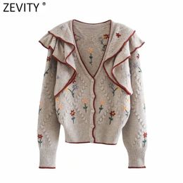 Femmes Mode V Cou Fleur Broderie Appliques Cardigan Tricot Pull Femme Chic Cascade Volants Casual Tops S559 210416