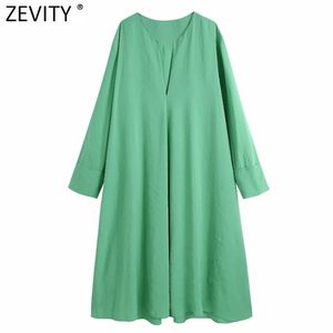 Femmes Mode V Cou À Manches Longues Couleur Verte Robe Midi Femme Chic Lâche Robe Droite Robes Kimono DS8282 210420