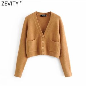 Femmes Mode V Cou Poches Décoration Solide Loisirs Tricot Pull Femme Chic À Manches Longues Casual Cardigans Tops S633 210416
