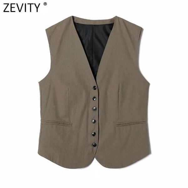 Femmes mode col en V simple boutonnage lin gilet veste dame rétro sans manches chaîne sac conception gilet Chic hauts CT708 210420