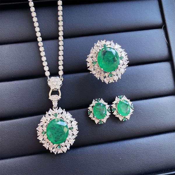 Conjunto de joyería de boda de moda para mujer, imitación de esmeralda, turmalina, cristal verde, circón, diamante, anillo abierto, colgante, collar, pendientes, regalo de fiesta