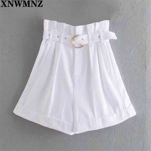 Femmes Mode Blanc Paperbag Bermuda Short Femme avec ceinture taille haute ourlets zippés pantalons 210520