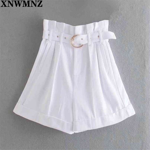 Bermudas blancas a la moda para mujer, con cinturón, cintura alta, dobladillos vueltos, pantalones con cremallera, 210520
