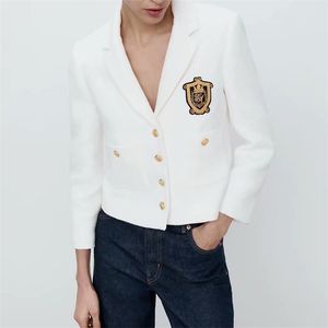 Vrouwen Mode Witte Tweed Jas Jas Vintage Zakken Revers Kraag Lange Mouw Kantoor Dame Vrouwelijke Bovenkleding Chic Tops 210914