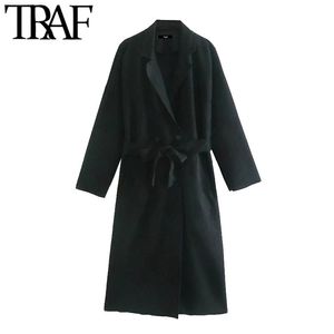 Femmes Mode Avec Ceinture Faux Daim Trench-Coat Vintage À Manches Longues Poches Latérales Femme Survêtement Chic Pardessus 210507