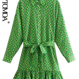 Damesmode met riem geometrische print mini -shirt jurk vintage lange mouw gegolfde zoomjurken Vestidos mujer 220526