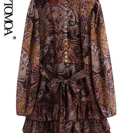Moda Mujer con cinturón Cachemira estampado Mini vestido Vintage manga larga dobladillo con volantes Vestidos Mujer Vestidos Mujer 220526
