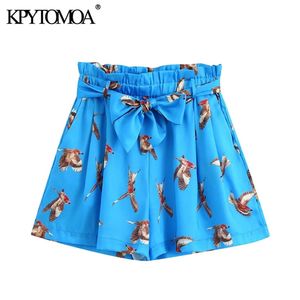 Moda Mujer con cinturón impreso Paperbag Shorts alta cintura elástica bolsillos laterales Mujer pantalones cortos Mujer 210420