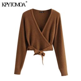 Moda donna con fiocco cardigan lavorato a maglia corto maglione scollo a V manica lunga capispalla femminile top chic 210420