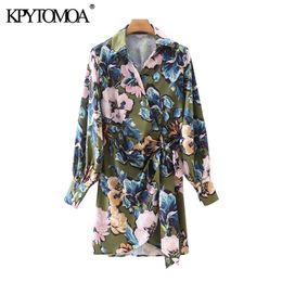 Damesmode met strikgebonden bloemenprint wrap mini -shirt jurk vintage lange mouw vrouwelijke jurken Vestidos mujer 220526