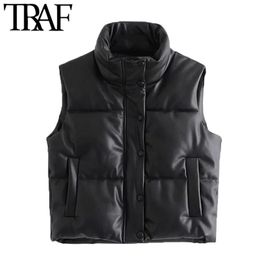 Femmes Mode Avec Cordons Faux Cuir Rembourré Gilet Vintage Col Haut Poches Latérales Femme Survêtement Mujer 210507