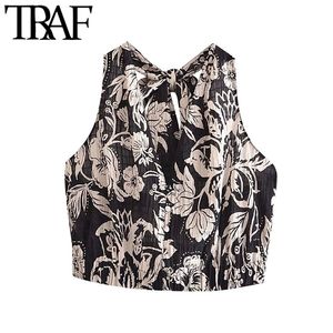 Moda de mujer con dobladillo elástico Estampado floral Blusas recortadas Vintage Sin respaldo Pajarita Camisas femeninas Tops elegantes 210507