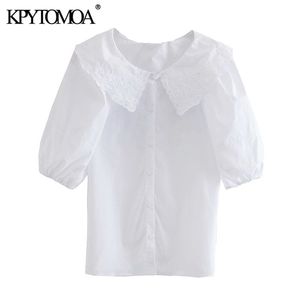 Vrouwen Mode met Borduurwerk Kraag Poplin Blouses Puff Sleeve Button-Up Vrouwelijke shirts Blusas Chic Tops 210420