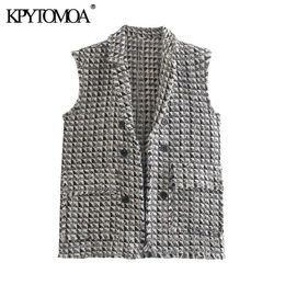 Vrouwen Mode met Frayed Trim Tweed Vintage Mouwloze Zakken Vrouwelijke vest Chic Tops 210416