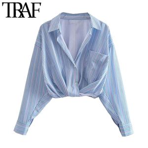 Damesmode met knoop losse gestreepte bijgesneden blouses Vintage lange mouwen zakken vrouwelijke shirts Blusas chic tops 210507