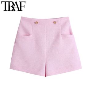 Femmes Mode avec boutons en métal Tweed Bermuda Shorts Vintage Taille haute Retour Zipper Femme Pantalon court Mujer 210507