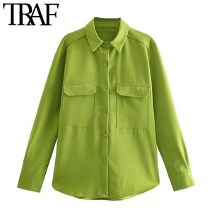 Damesmode met zakken losse pasvorm asymmetrische blouses vintage lange mouw zijopeningen vrouwelijke shirts chique tops 210507