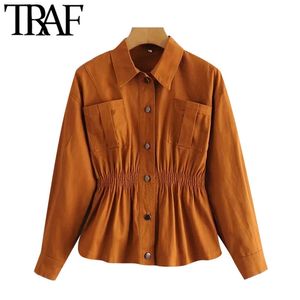 Damesmode met zakken Safari stijl jas jas vintage revers kraag lange mouw vrouwelijke bovenkleding chic tops 210507
