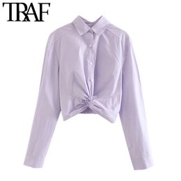 Vrouwen mode met gebonden terug knop-up bijgesneden blouses vintage revers kraag lange mouw vrouwelijke shirts chique tops 210507