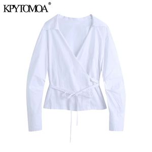 Damesmode met gebonden crossover witte blouses Lange geplooide mouw Vrouwelijke shirts Blusas chic tops 210420