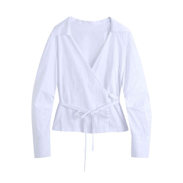 Mode féminine avec cravate croisé blanc Blouses Vintage à manches longues plissées femmes chemises Blusas Chic hauts 210430