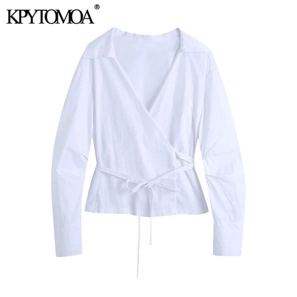 Mode féminine avec des chemisiers blancs croisés noués à manches longues plissées chemises féminines Blusas Chic Tops 210420