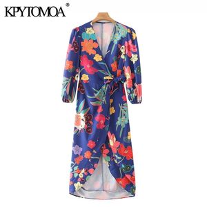 Women Fashion With Tied Floral Print Wrap Midi Dress Vintage V Neck Three Quarter Sleeve vrouwelijke kleding Vestidos 220526