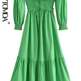 Vrouwenmode met vastgebonden elastische elastische groene midi -jurk vintage van de schouder gegolfde vrouwelijke jurken Vestidos mujer 220526