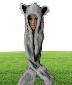 Women Fashion Wolf Ears Paws Faux Fur 3 in 1 hoed sjaalwanten winter warme cap4196874