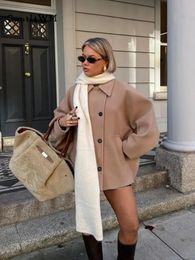 Frauen Mode Wolle Revers Mäntel Vintage Cape Hülse Casual Einreiher Taschen Jacken Herbst Winter Weibliche Chic Streetwear 231227