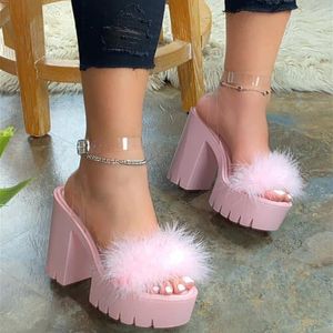 Femmes Faux moelleux pompes été 2022 mode sandales bout ouvert chaussures à talons hauts Zapatillas Mujer Sapatos Femininos 0227