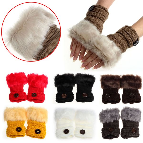 Mujeres Faux FUR BOTÓN Glove Sin dedo Pulgar Polla Invierno Muñeca de muñeca Conejo de imitación de punto de punto