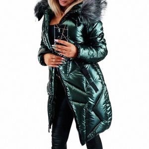 Mujeres de piel sintética chaqueta con capucha cuello de piel Cott Down Puffer Parka invierno LG abrigo cálido abrigo grueso Outwear P7dL #