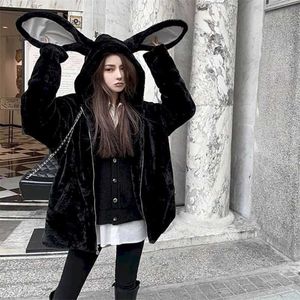 Femmes Fausse Fourrure Veste Femme Tops Épais Mi-Longueur Mignon À Capuche Hiver Oreilles De Lapin Faux Rex Lapin En Peluche Manteau De Fourrure Douce Fille 211018