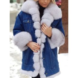 Veste en jean doublée de fausse fourrure pour femme, manteau épais et moelleux, col en fourrure, vêtements d'extérieur chauds d'hiver, 240116