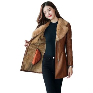 Dames Faux Lederen Jas Plus Size Slanke Koreaanse Lange Mouwen Plus Fluwelen PU Herfst Winter Mode Warmtjack LR575 210531