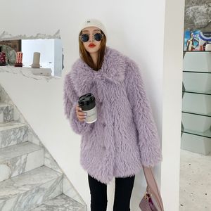 Vrouwen faux lederen imitatie vossen revers jas casual mode street schieten winter buiten warme pure kleur lange mouwen paarse kleur pluche jassen