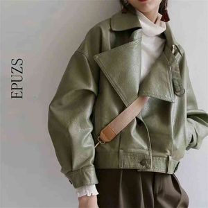 Femmes Faux Cuir Veste À Manches Longues Vert PU Manteau Streetwear Punk Moto Casual Dames Outwear 210521