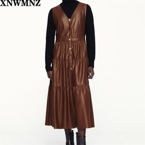 Robe chasuble à volants en similicuir pour femmes sans manches décolleté en V ourlet avec volants garniture bouton en métal robes 210520