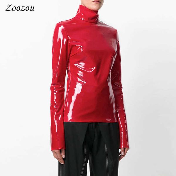 Femmes Faux Cuir Verni Col Roulé Tops Chemise À Manches Longues Fermeture À Glissière PVC Pull Noir Rouge PU Vêtements En Cuir Streetwear Personnalisé X0721