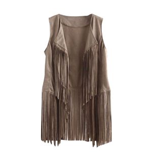 Vrouwen faux suede etnische mouwloze jas Long Fringe Tassels 70s Hippie Open Front Cardigan Vintage Cowgirl Waistcoat Vest Tops 220811