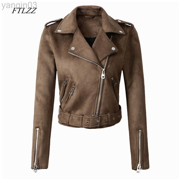 Femmes Faux daim veste manteaux moto fermeture éclair col rabattu Faux cuir souple pardessus femme noir Punk veste courte L220801