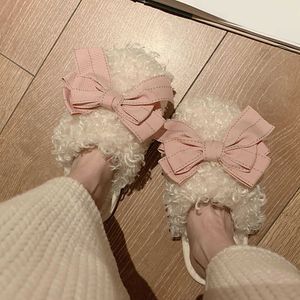 Vrouwen faux wol bont slippers thuis indoor vrouwen winter slippers schattige boog witte pluizige slippers voor meisjes slaapkamer slaap schoenen H0914