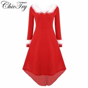 Vestido de manga larga de Navidad para mujer, vestido ajustado para fiesta familiar, cuello de piel sintética, fiesta de Navidad, señora Santa Claus218n