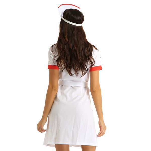 Femmes femme Sexy infirmière Costume Deep V docteur Cosplay adulte uniforme jeu de rôle robe de soirée avec ceinture et chapeau Y0913