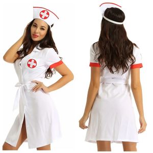 Costumes d'infirmière sexy pour femmes, col en V profond, uniforme de médecin pour adultes, robe de soirée à thème de jeu de rôle avec ceinture et chapeau, 240319