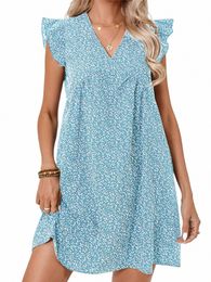 Femmes Fi imprimé fleuri Mini Dres décontracté col en V manches une ligne Dres dames fête d'été en vrac Dr T25T #